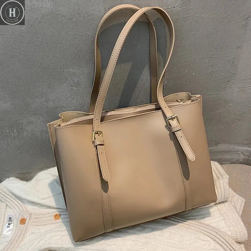 High Capacity PU Tote Bag 2023 New Women's Vintage Zipper Magnetic Snap Shoulder Bags Fashion Versatile Commuter Class Handbag HALALZEN