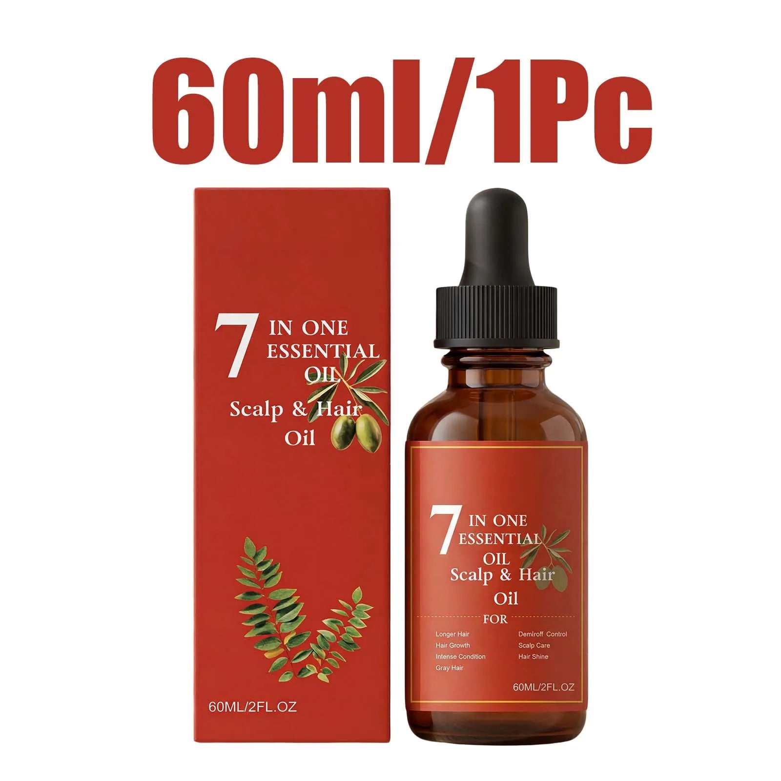 7-in-1 Hair Essential Oil 60ml Rosemary Olive Castor Oil Blend for Dry Scalp Hydration Shine Strong Roots Gray Hair Care