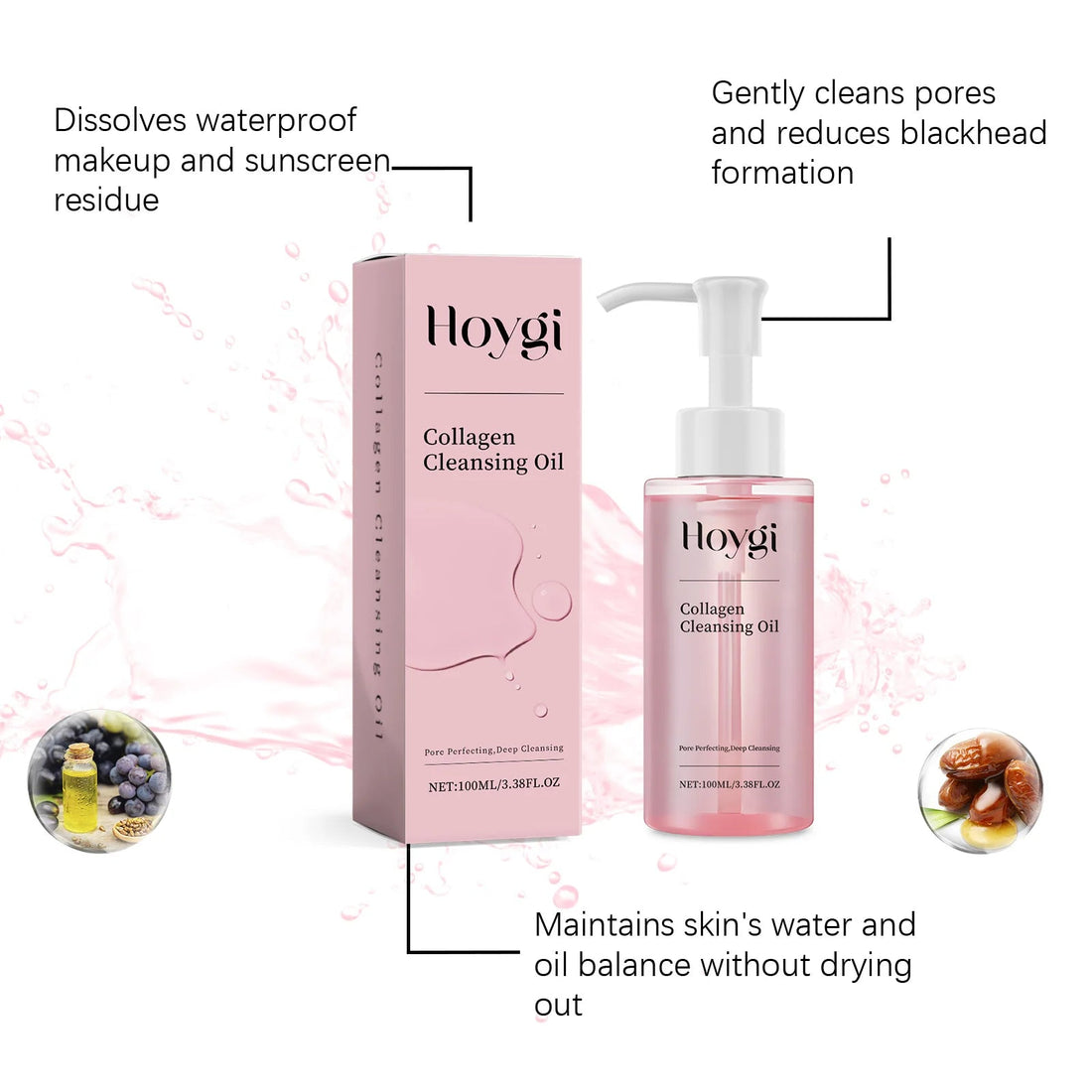 Hoygi 100ml Collagen Infused Makeup Remover Oil Jojoba Fast Emulsifying Gentle Cleansing for Waterproof Makeup Vegan No Residue Halalzen