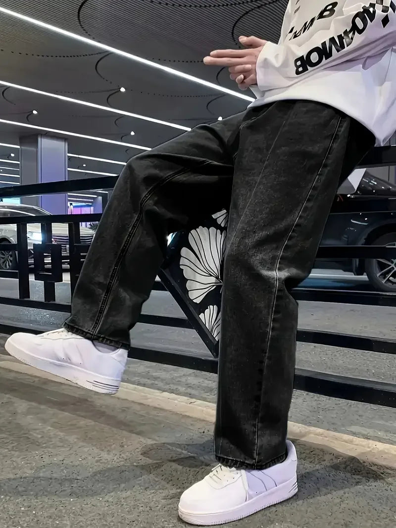 Men's Loose Fit Straight Leg Jeans - 65% Cotton 35% Polyester Blend, Dark Gray Casual Washed Jeans, 390gsm Heavyweight Fabric, A