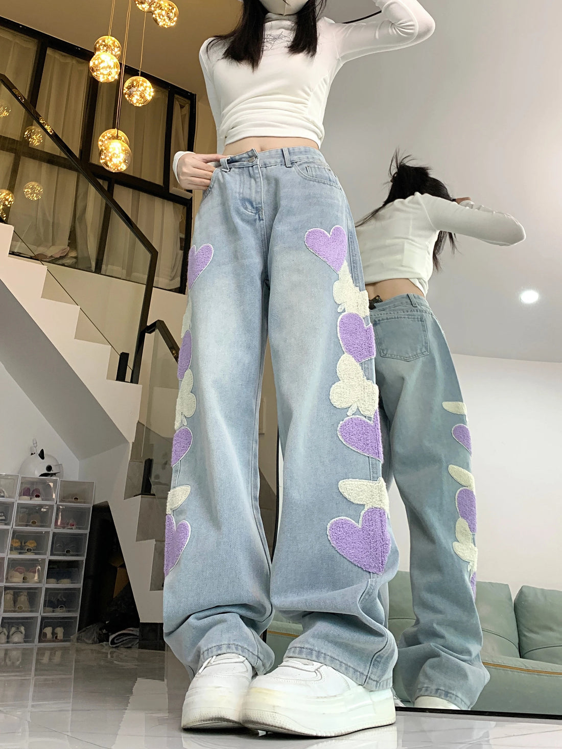 Light Blue Jeans Women's Design Embroidered Loose Casual Wide-Leg Straight Long Pants