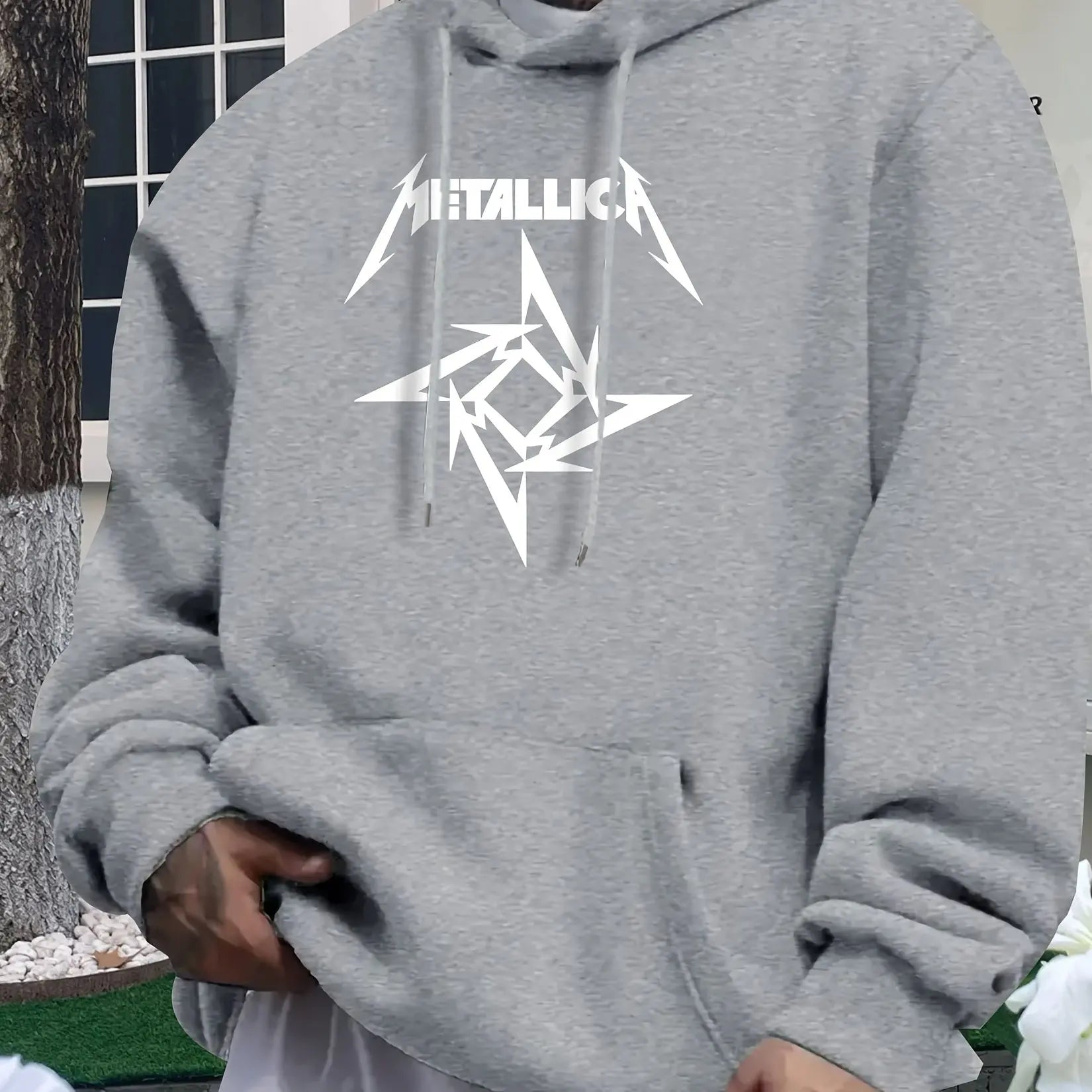 Men'S Metallic Star Print Hoodie - Casual Blue Sweatshirt with "METALLIC" Design, All-Season Comfort, Regular Fit, Casual Wear