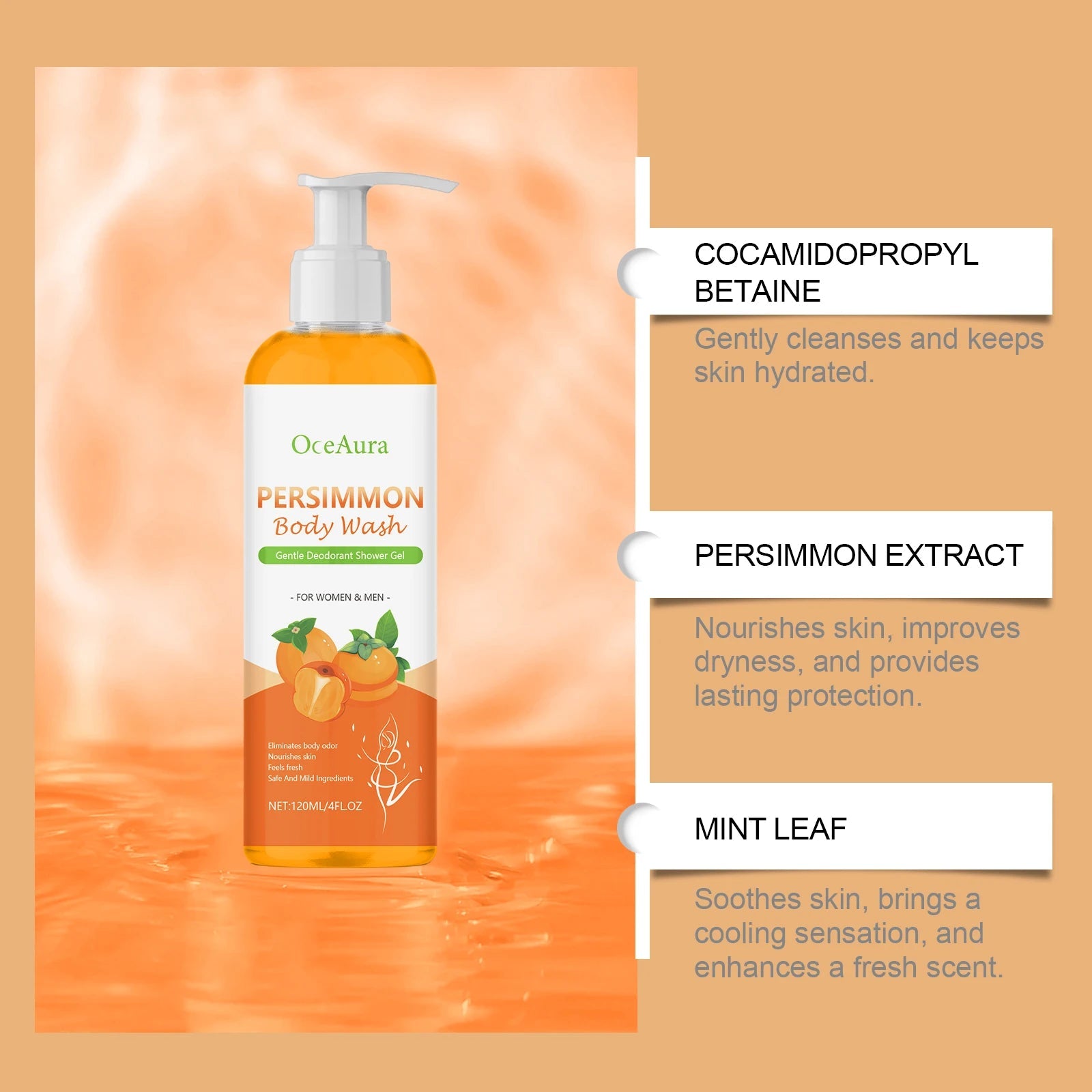 Persimmon Body Wash for Body Odor Control & Deep Clean - Deodorizing, Exfoliating, Moisturizing Shower Gel, Repairs Skin Barrier Halalzen
