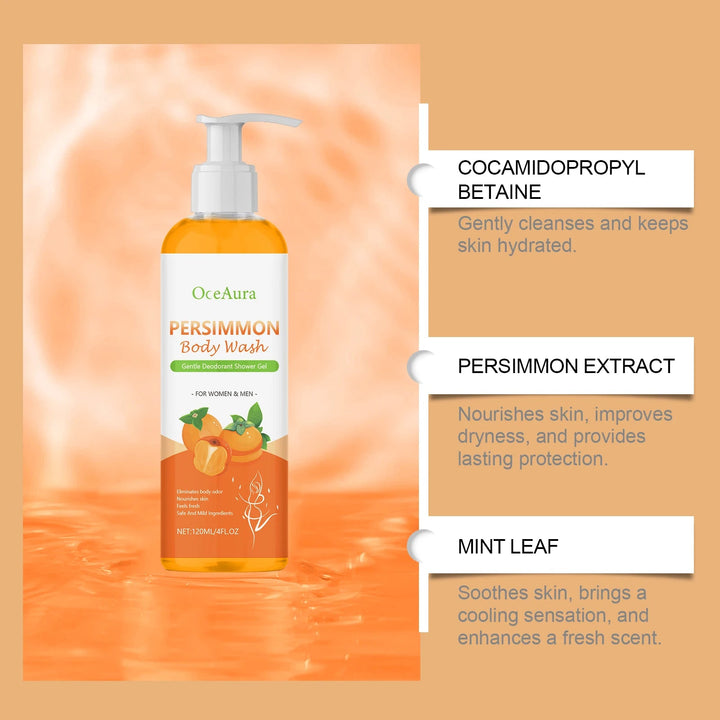 Persimmon Body Wash for Body Odor Control & Deep Clean - Deodorizing, Exfoliating, Moisturizing Shower Gel, Repairs Skin Barrier Halalzen