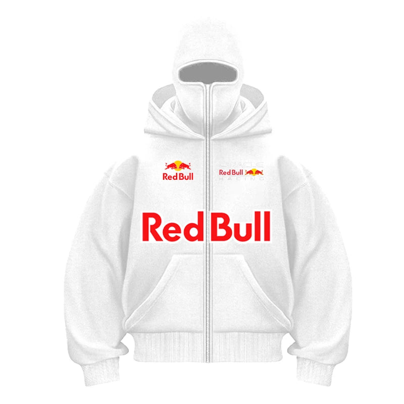 Red Bull Logo Winter Motorcycle Jacket Double Hat Design Loose Fit Windproof Hoodie Ninja Mask Sportswear Versatile Winter Outer