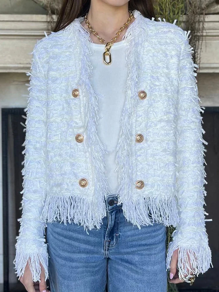 Casual Long Sleeve Plush Outercoat Autumn Winter Elegant Solid Color Cardigan Coat 2025 Women Fashion V-neck Tassel Short Jacket