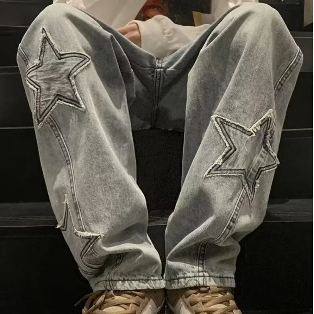 Star Embroidery Straight Casual Men Jeans Neutral Wide Leg Loose Hip-hop Fashion Youth Streetwear Denim Trousers Y2K pants men