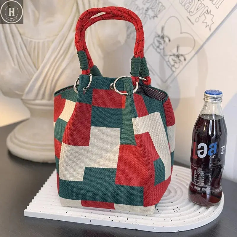 Metal Ring Handbag Fashionable Women'S Bucket Bag Knit Tote Bag Spacious Color Block Handbag For Leisure Travel Daily Commuting HALALZEN