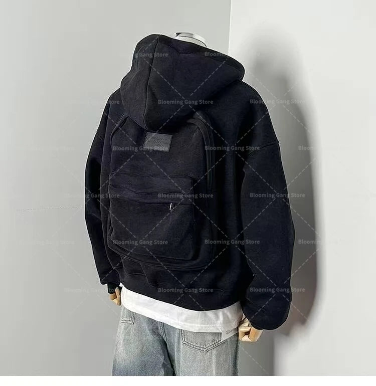Y2k trendy three-dimensional backpack hoodie men's clothing high street streetwear tops loose casual sportswear harajuku jacket