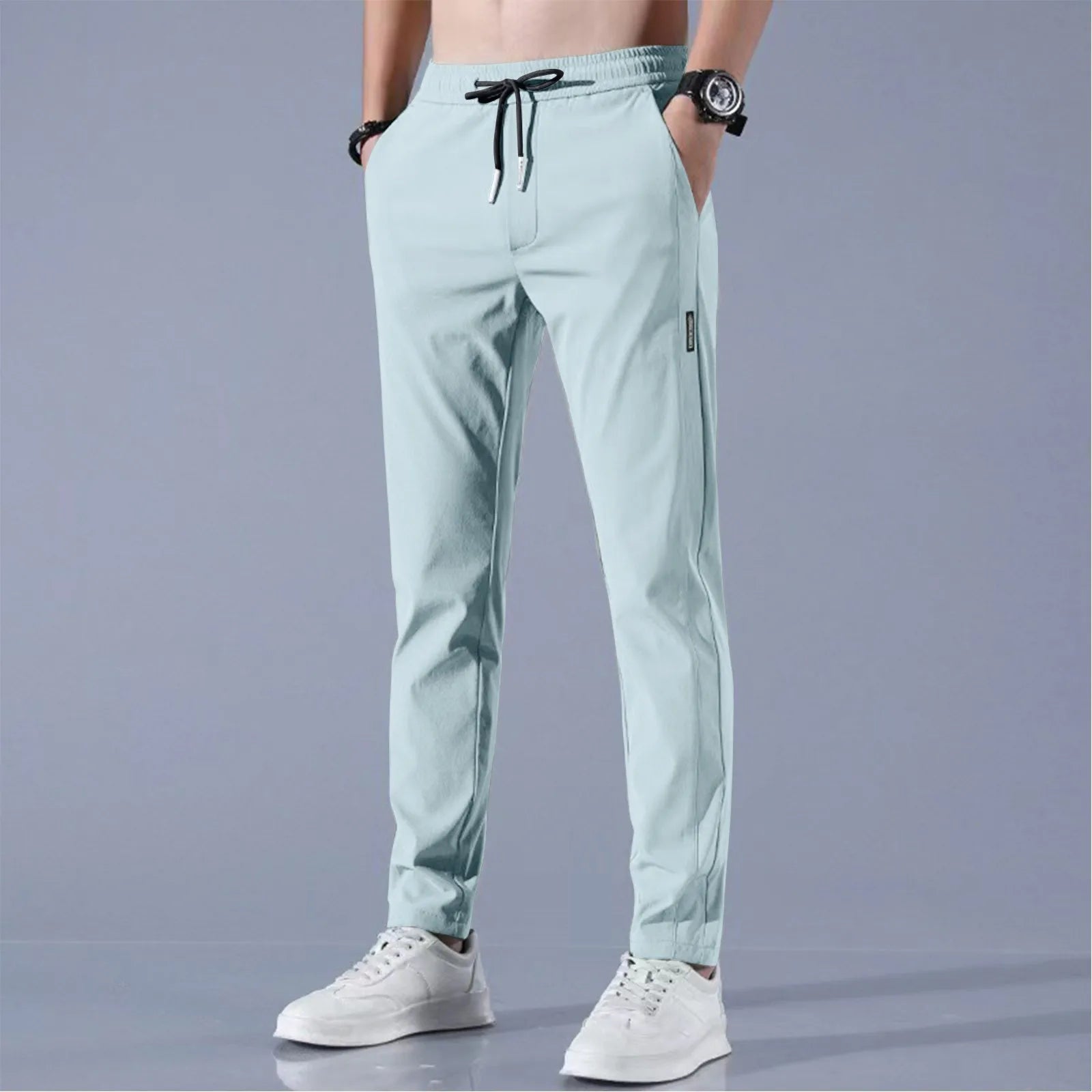Men Fast Dry Stretch Pants Ice Silk Trousers Solid Color Mid-Waist Loose Breathable Straight-Leg Casual Pants Thin Sports Pants