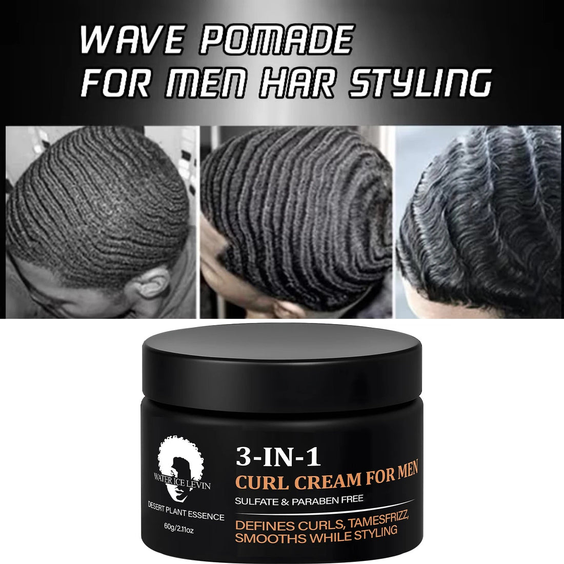 3-IN-1 Men’s Curl Cream: Sulfate/Paraben-Free, Desert Plant Essence, Defines Curls, Tames Frizz & Smooths While Styling Halalzen