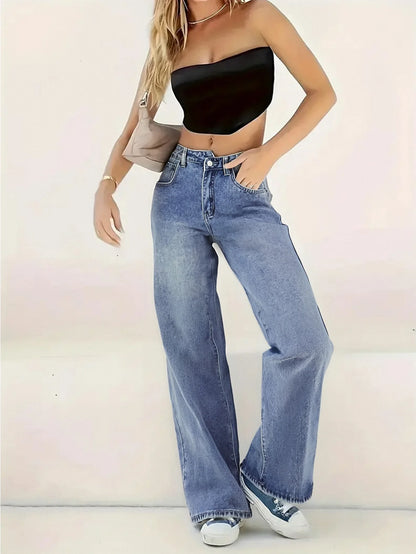 Trendy Light Blue Wide - Leg Jeans for Women | Relaxed Casual Denim