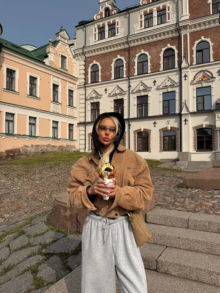 Full Sleeve Zipper Cropped Suede Jacket Women Casual Lapel Pocket Loose Thin Coat 2025 Autumn Lady Highstreet Commute Outwear