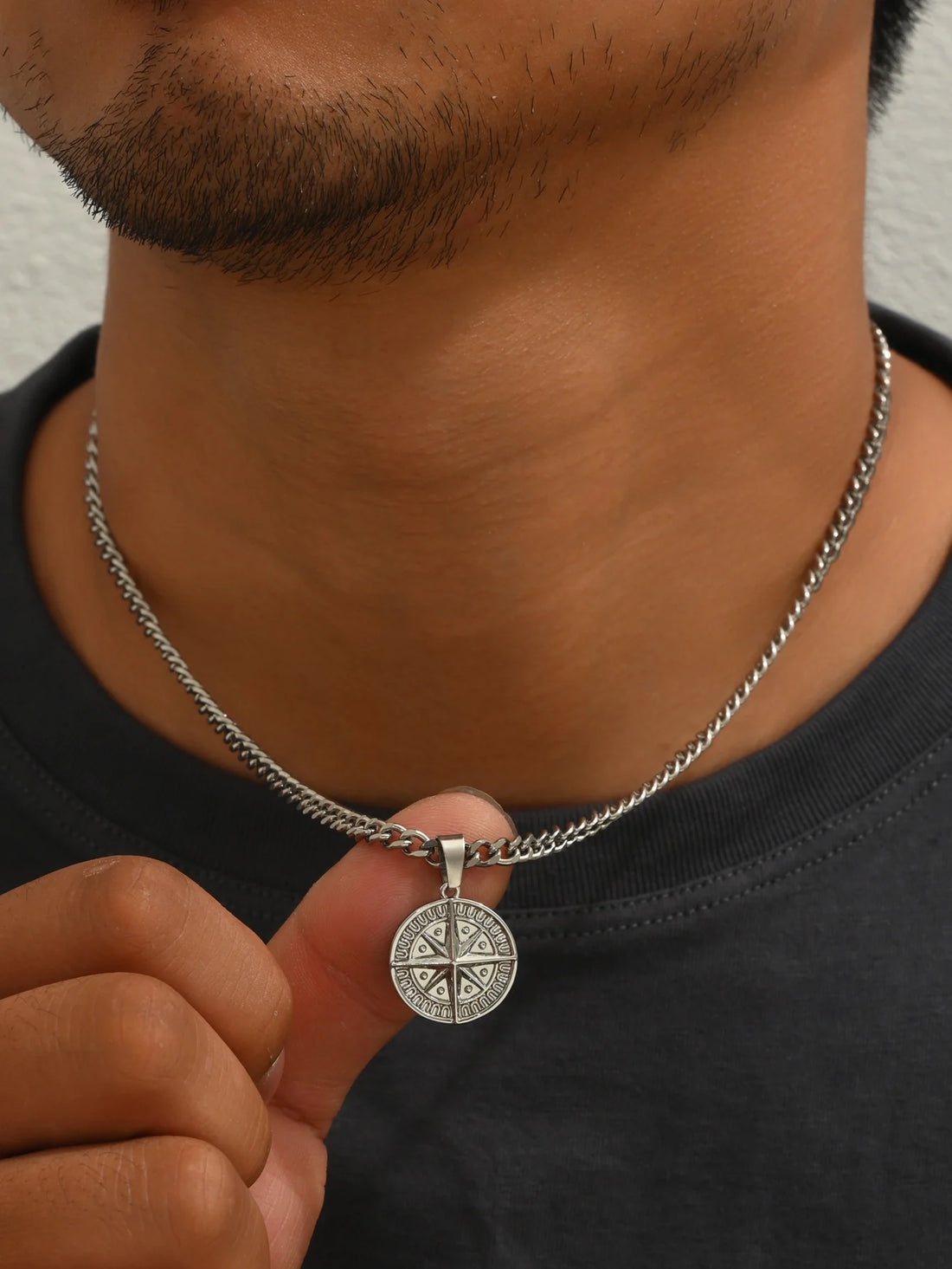 Men's Silver Punk Compass Pendant Necklace – Star Chain Jewelry