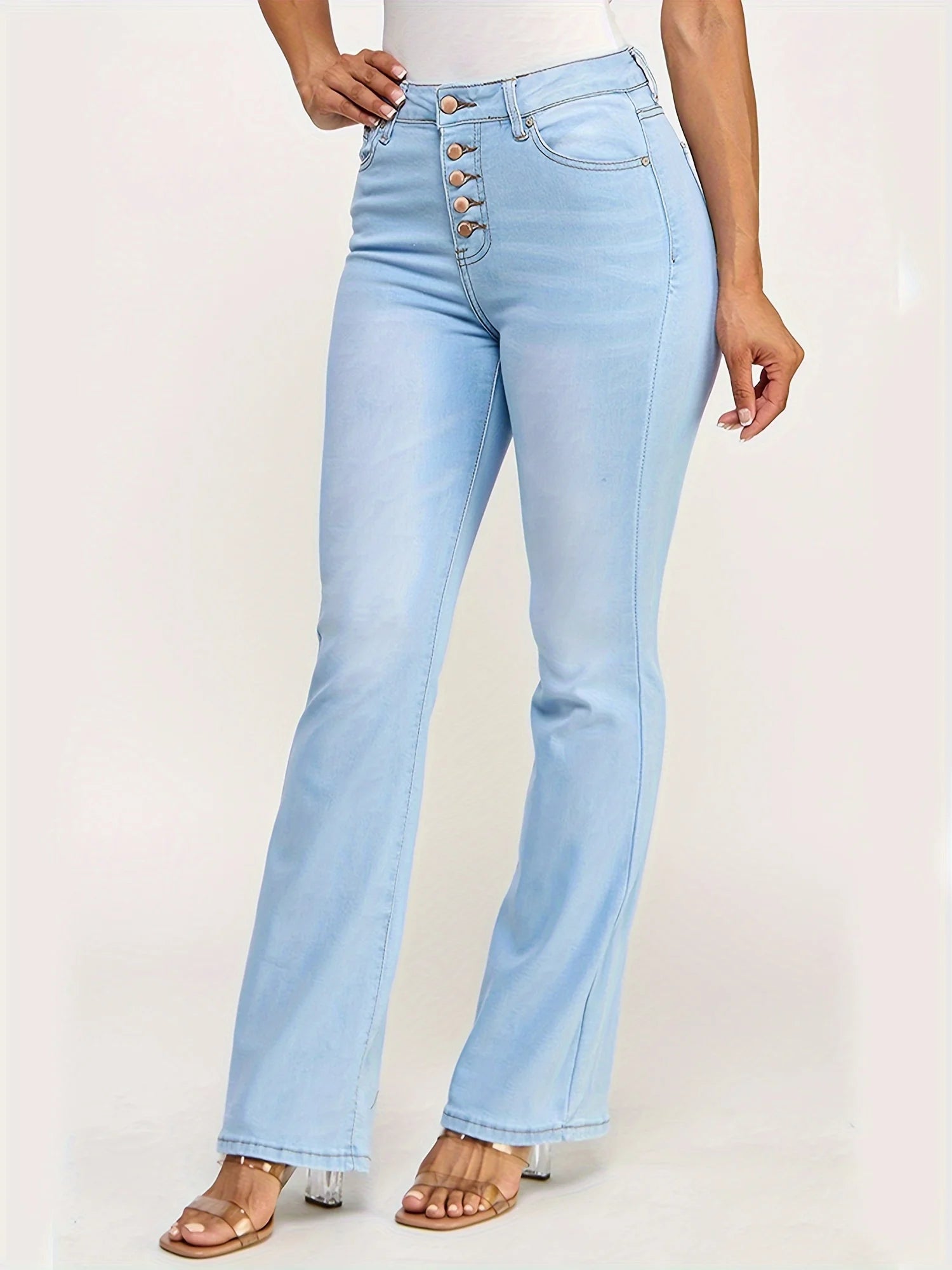 Solid color stretch women's jeans, slimming and hip lifting, light blue casual wash denim, five buttons, slash pockets