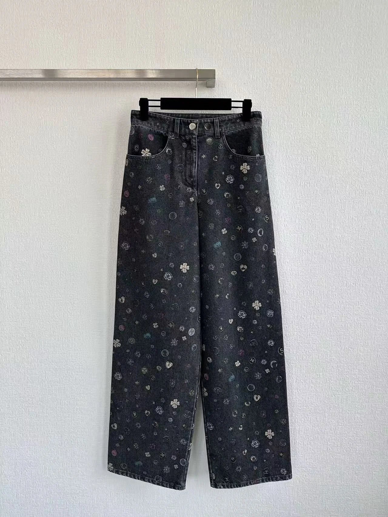 Women's new denim pants with floral print letters, versatile straight leg wide leg denim pants