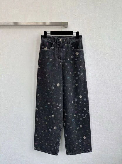 Women's new denim pants with floral print letters, versatile straight leg wide leg denim pants