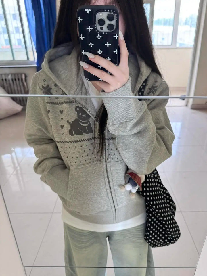 Korean Cute Bear Hoodie Women - Foam Print Hooded Sweatshirt, Y2K Oversized Open Front Jacket, Ins Fashion Winter Coat, Casual L