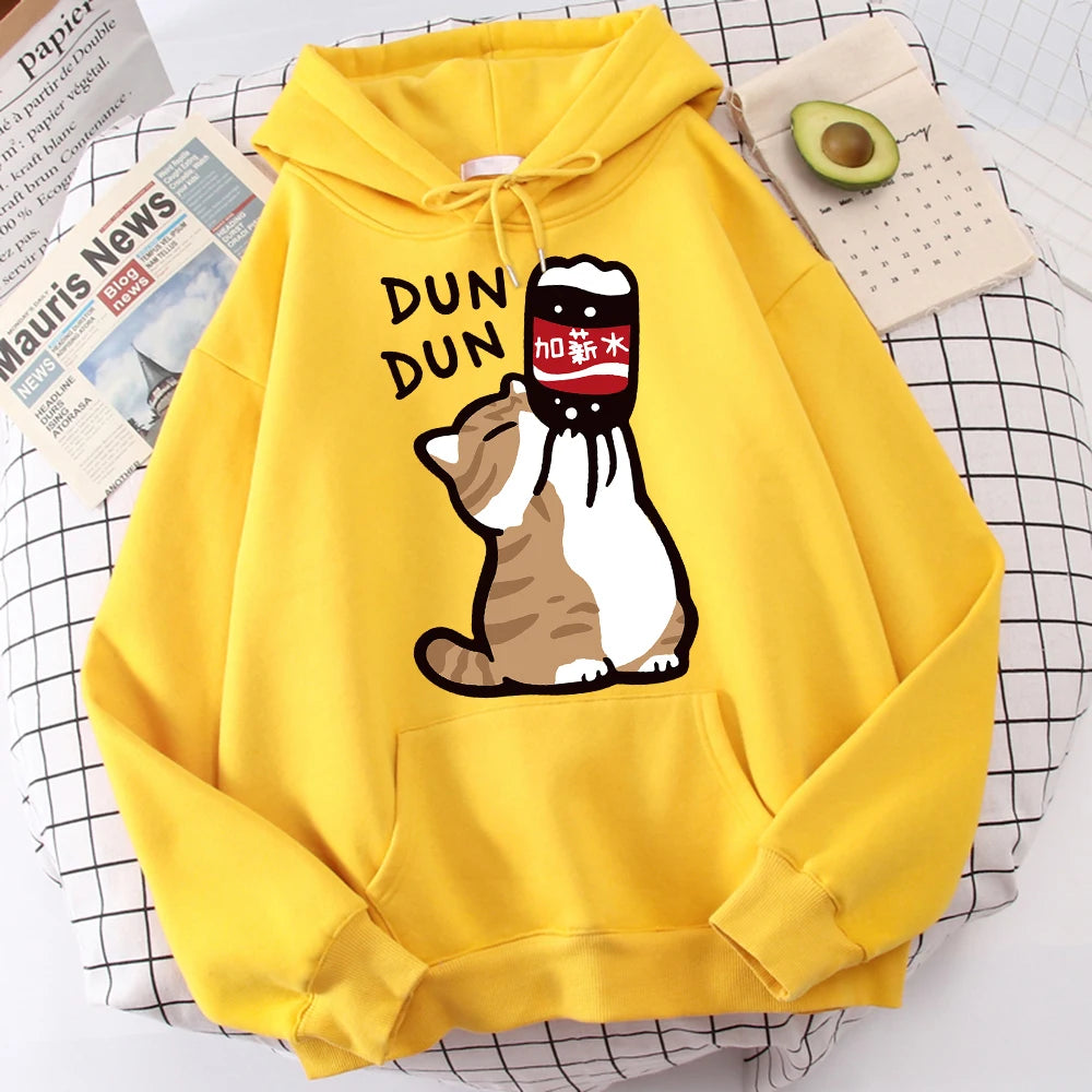 Cartoon Cat Drink Salary Increase Beverages Mens Hooded Jacket Casual Cartoon Hoodies Pleasure Sweatshirts Home Harajuku Tops