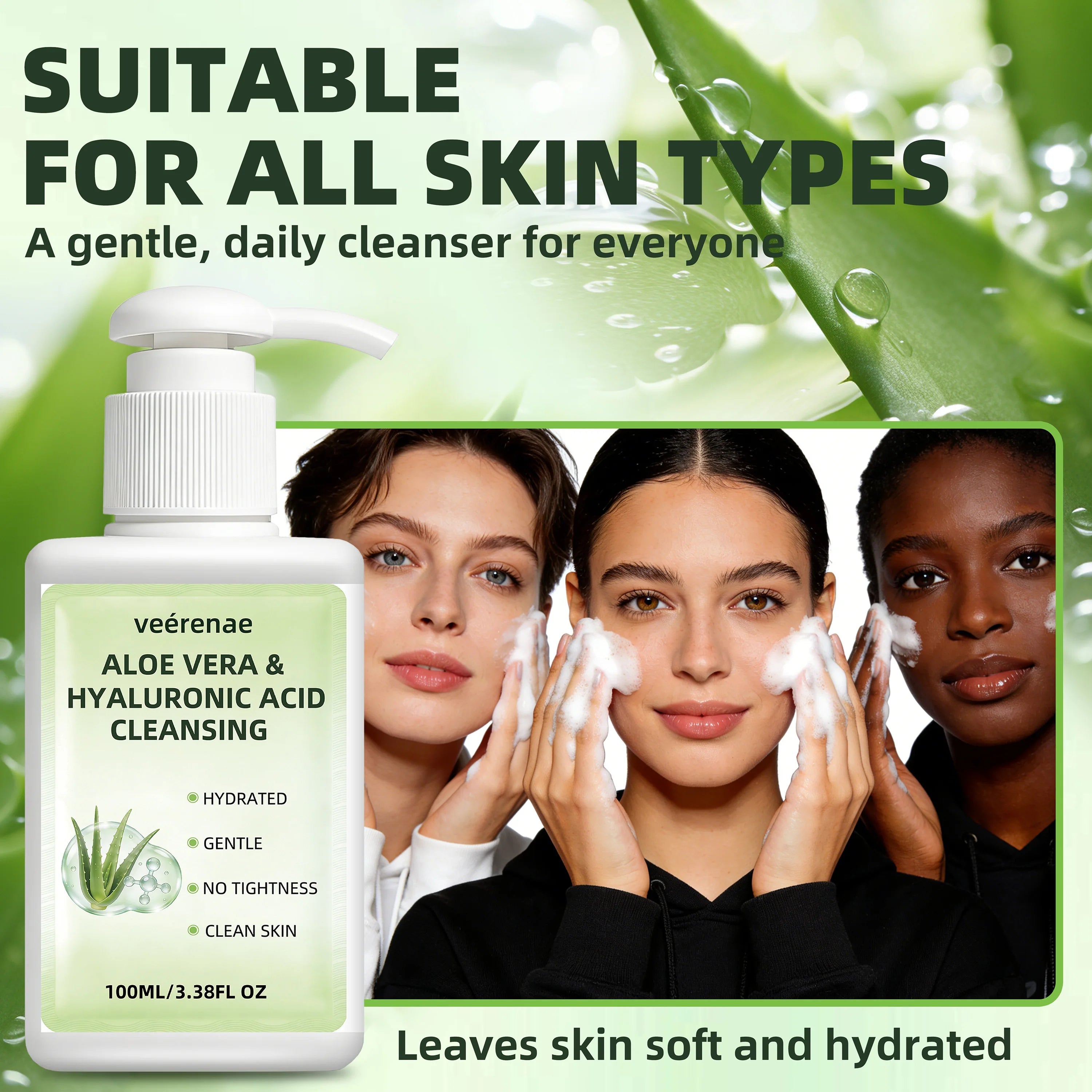 ALOE VERA HYALURONIC ACID CLEANSING | Gentle Deep Pore Moisturizing Face Wash | All Skin Types | Daily Morning & Night Use Halalzen