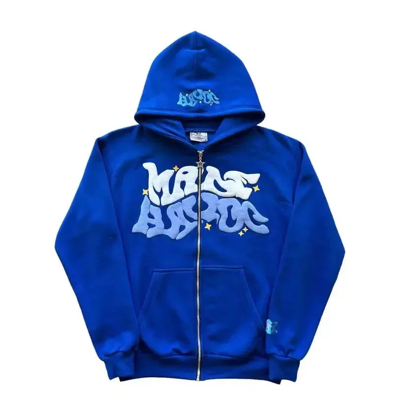 American retro star and letter printed zipper hoodie for men and women Y2K Spring and Autumn cardigan jacket
