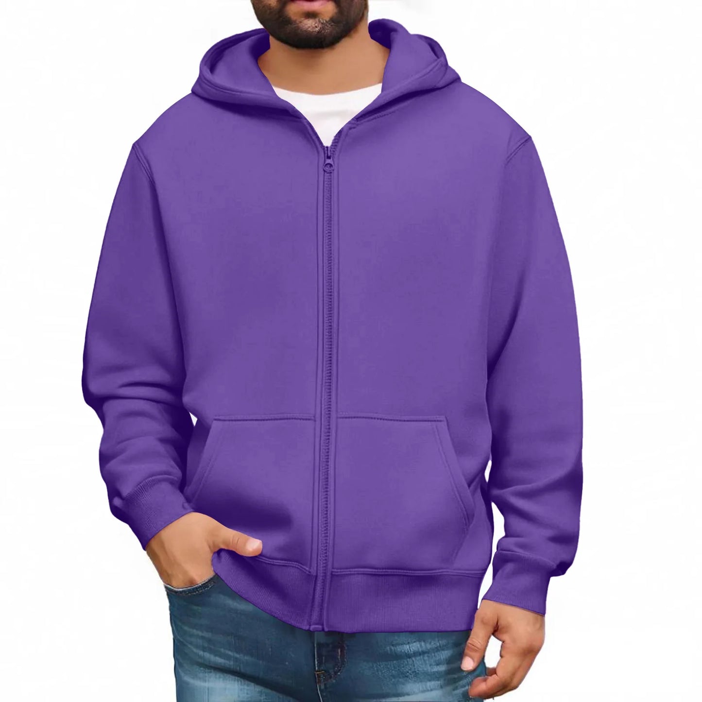 Men zip up hoodie plain color casual streetwear pullover jacket soft cozy fashionable urban youth winter hooded sweatshirt
