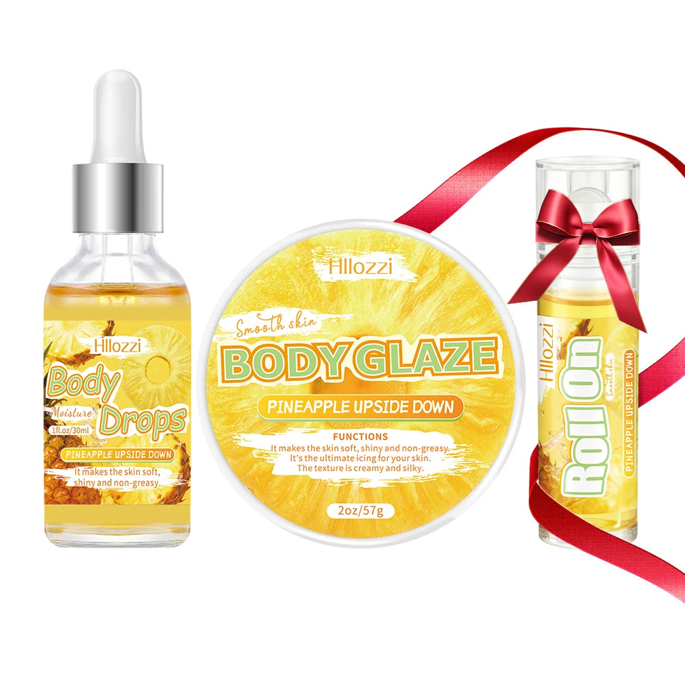 The pineapple body oil and glaze set includes a free rollerball applicator for long-lasting hydration, moisturizing,