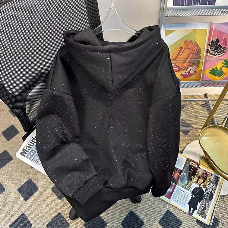 Shiny Male Hoodie 90s Vintage Novelty and Harajuku Fashion Y2k High Quality Korean Style Overfit Black Men's Hooded Sweatshirt