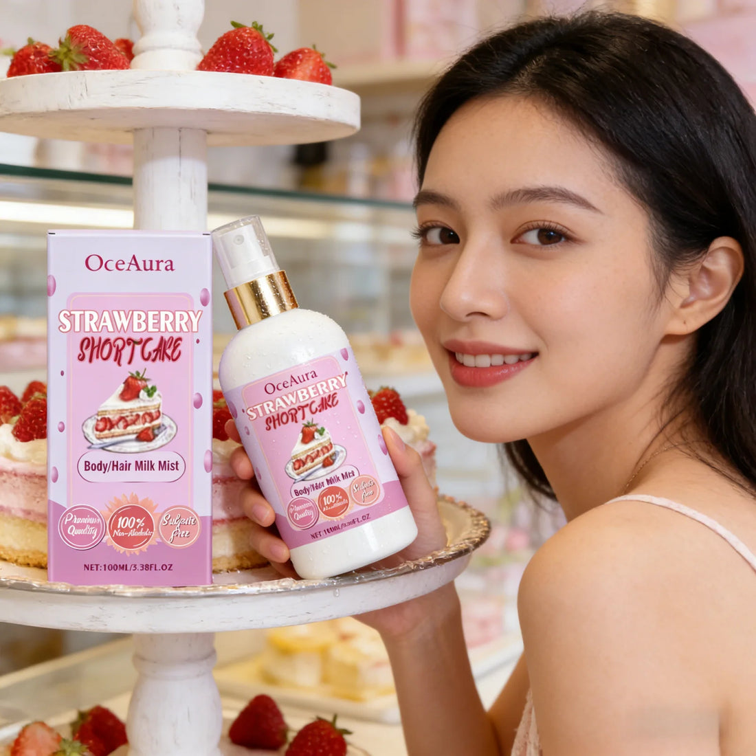 OceAura Body Milk Mist Strawberry Long Lasting Hydration Moisturizer Skin Brightening Products Smoothing Hair Perfume Spray 100g