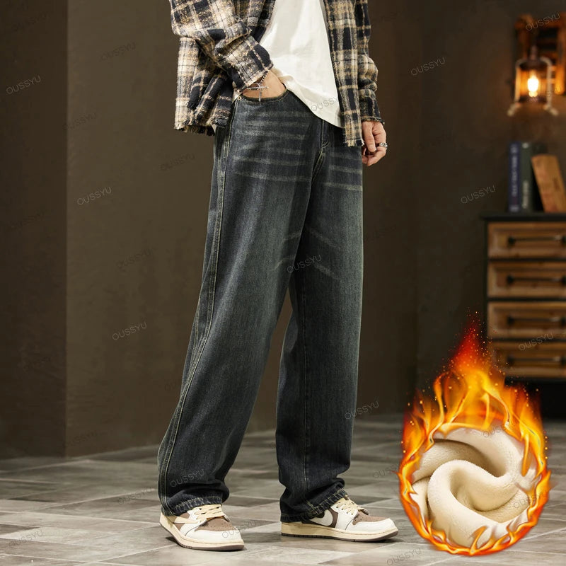 High Quality Winter Fleece Warm Jeans Men Cotton Loose Wide Leg Pants Korean INS Y2K Harajuku Velvet Flocking Outdoors Trousers HALALZEN