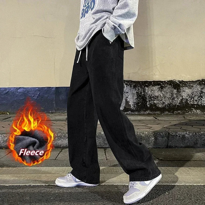 Winter Fleece Loose Jeans,  Loose Straight Velvet Warm and Comfortable Elastic Waist Wide Leg Pants Brand Men's Clothing