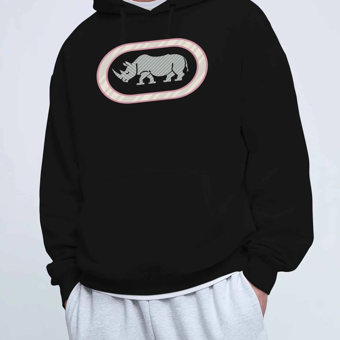 Men'S Casual Rhino Print Hoodie, Winter Long Sleeve Sweatshirt, Regular Fit with Slight Stretch, Trendy American Style Top