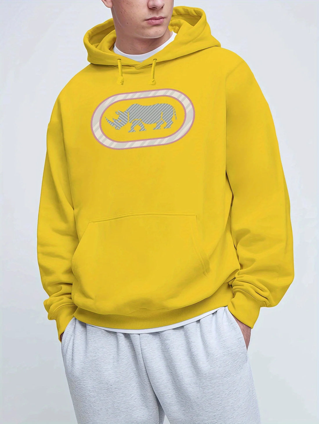 Men'S Casual Rhino Print Hoodie, Winter Long Sleeve Sweatshirt, Regular Fit with Slight Stretch, Trendy American Style Top