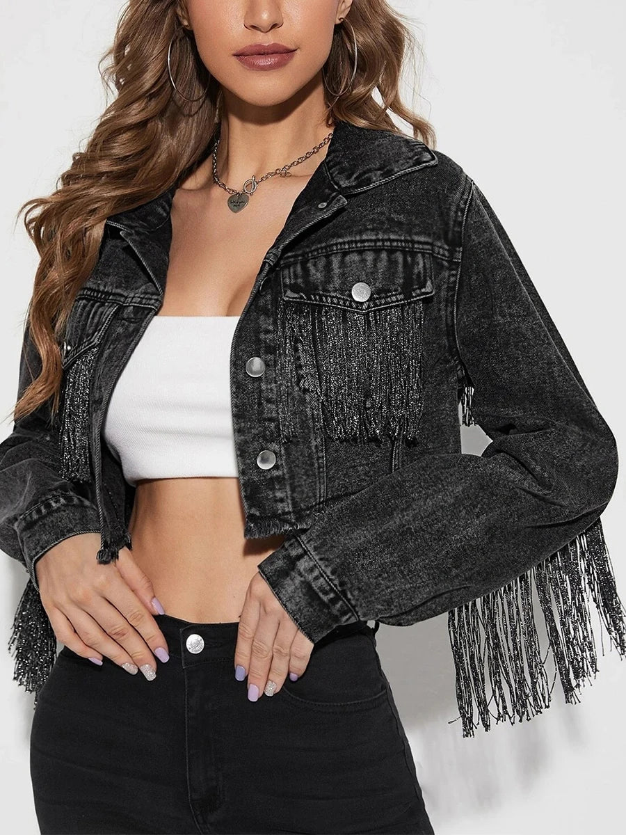 Women s Denim Jacket with Long Sleeves Turn-down Collar Button Closure and Tassel Detailing - Stylish Short Outwear for a
