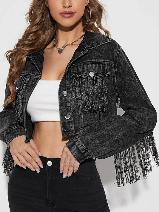 Women s Denim Jacket with Long Sleeves Turn-down Collar Button Closure and Tassel Detailing - Stylish Short Outwear for a