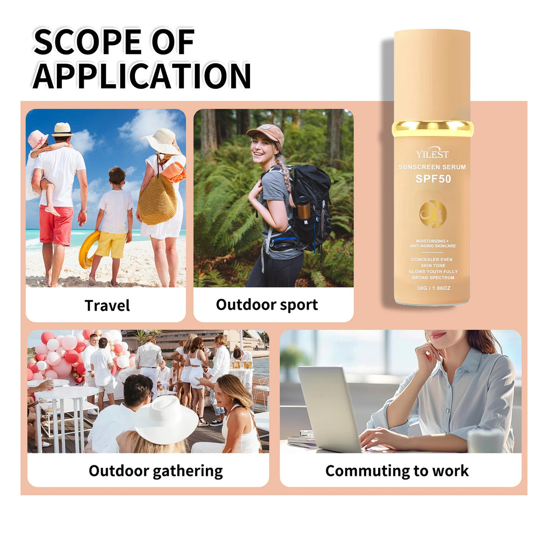 30g YILEST SPF50 Sunscreen Serum, 2‑in‑1 Makeup & Moisturizer, Light Tinted Foundation for Daily Outdoor Use