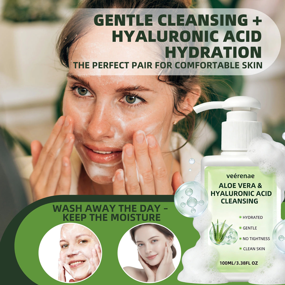 ALOE VERA HYALURONIC ACID CLEANSING | Gentle Deep Pore Moisturizing Face Wash | All Skin Types | Daily Morning & Night Use Halalzen