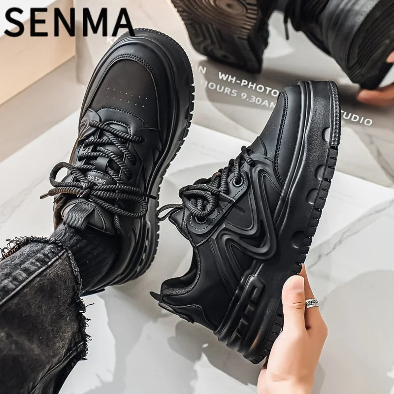 SENMA Comfortable Men's Shoes Street Fashion Art Board Shoes Thick Sole Low-Top Leather Casual Sneakers Tennis/Walking Sneakers