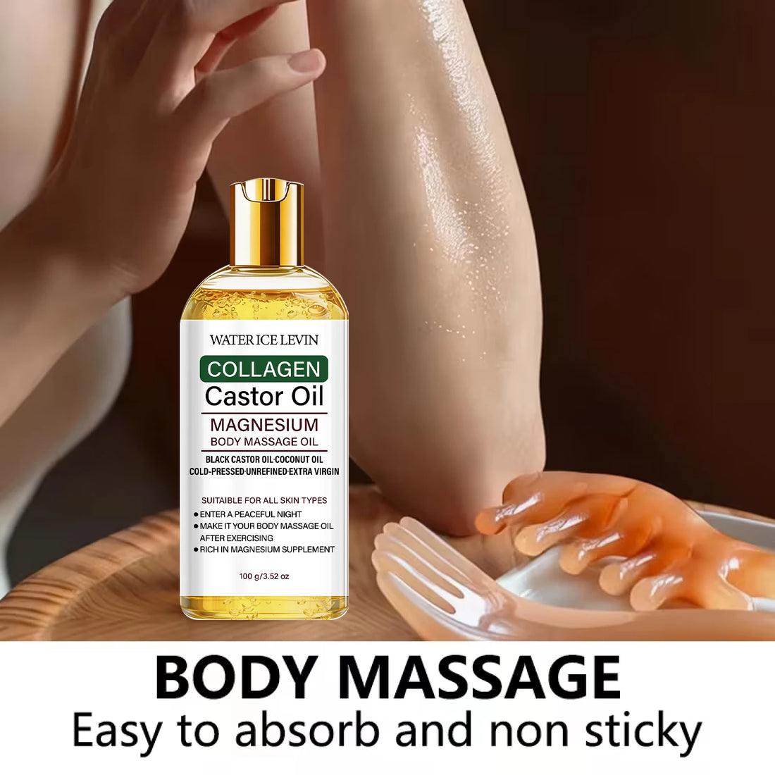 Cold-Pressed Castor Oil Body Massage Oil with Collagen & Magnesium, Moisturizing Care