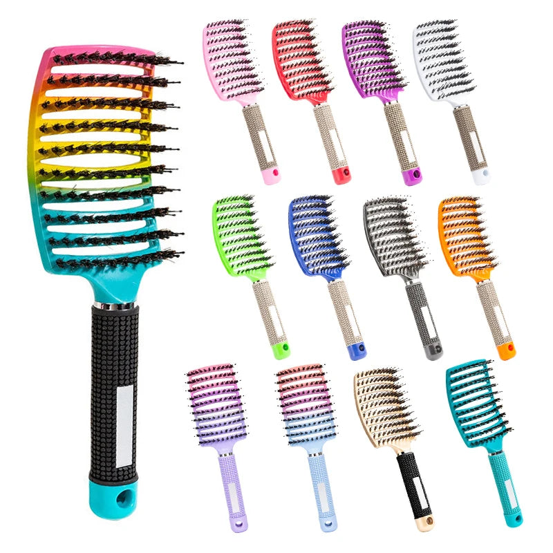 2pcs Barber Hairdressing Styling Wet Dry Boar Bristle Hair Brushes Curly Wet Dry Hair Detangling Massage Curved Vent Brush