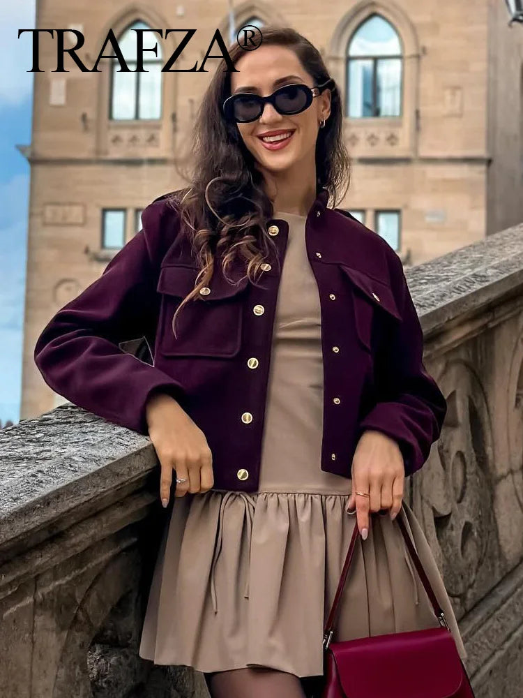 TRAFZA 2024 Fashion Women Soft Tweed Bomber Jacket O-Neck Long Sleeve Pockets Buttons Loose Woolen Coat Female Streetwear