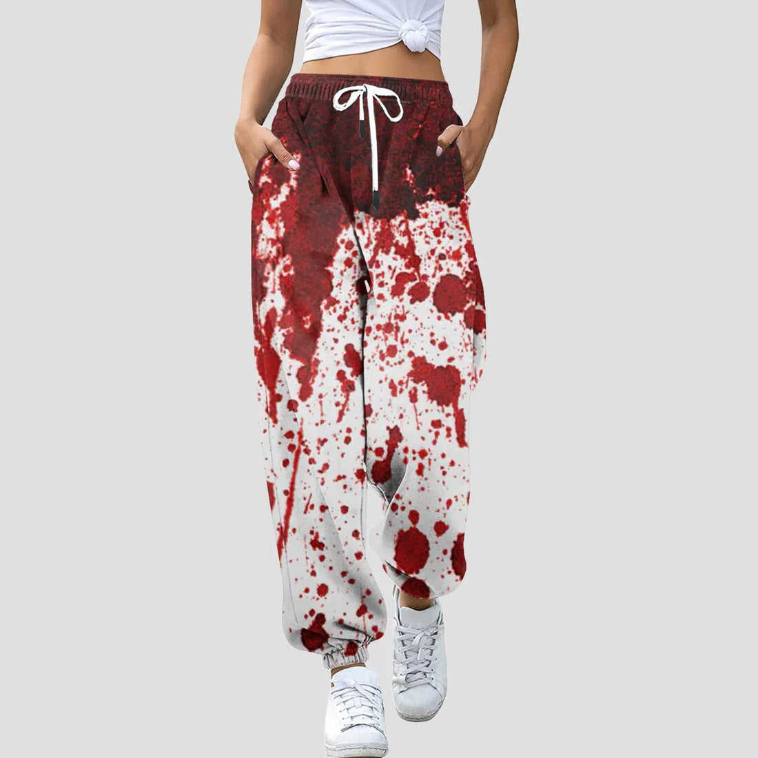 Women Halloween Blood Print Pants Bottom Sweatpants Drawstring Pockets High Waist Sporty Gym Athletic Fit Jogger Pants Trousers