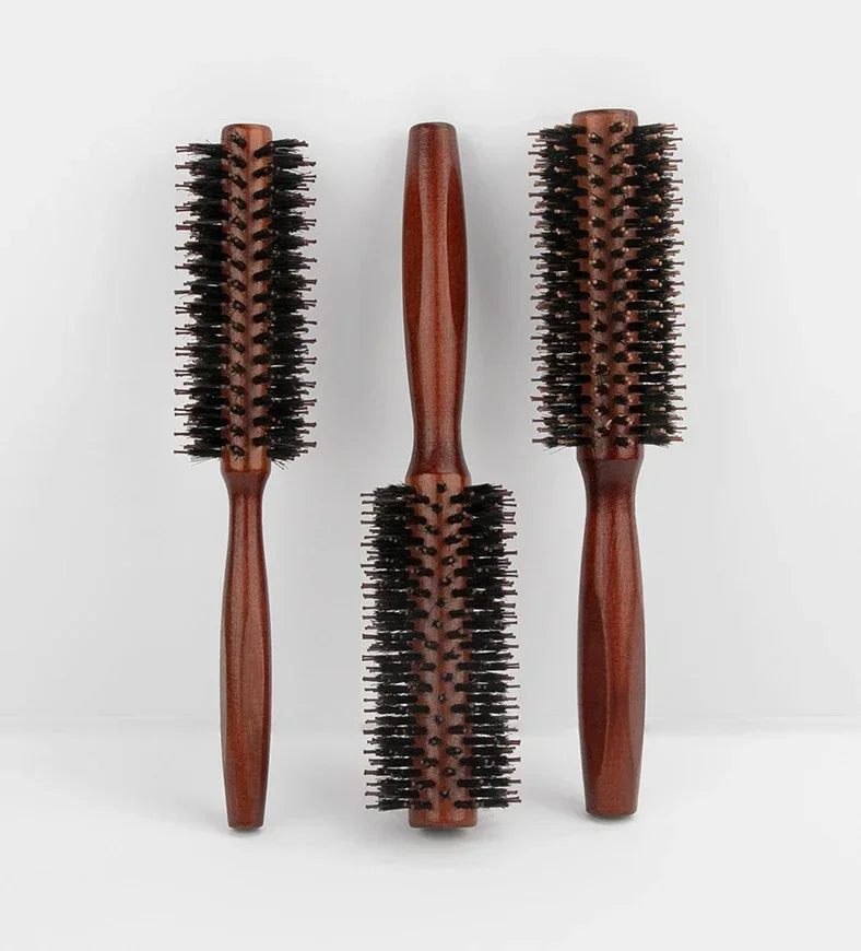 Wood Handle Boar Bristles Round Brush Tail Professional Barber Salon Hairdressing Hair Brush Hair Round Comb Halalzen