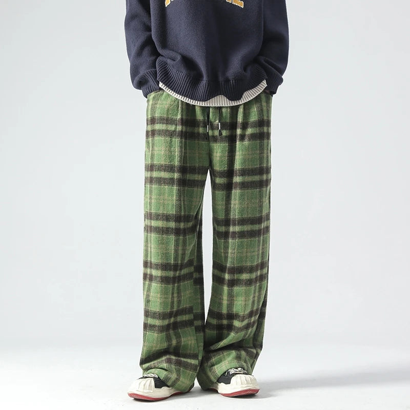 Vintage Plaid Pants Men's Loose Wide Leg Pants Autumn New Lazy Wind Straight-leg Leisure Trousers Male Jogger Sweatpant