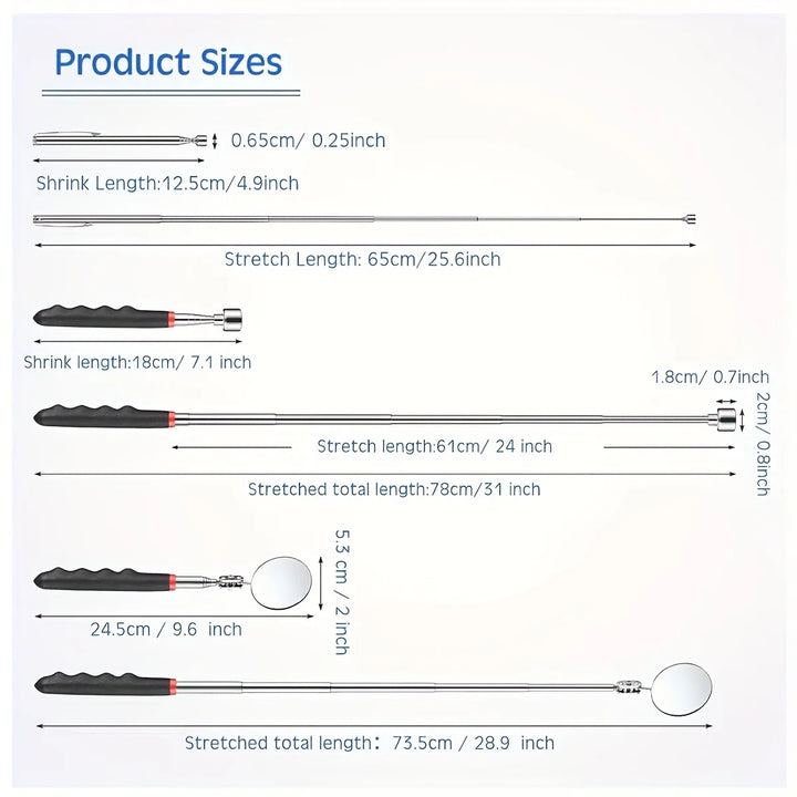 Juego de 4 piezas de herramientas telescópicas magnéticas para recoger, espejo de inspección, garra flexible de resorte, imán de varilla, herramientas de reparación para mecánicos automotrices