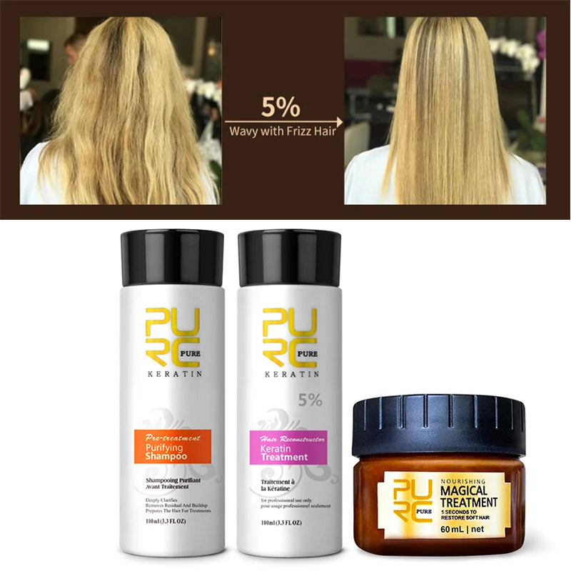 PURC Brazilian Keratin Treatment Cream Straightening Smoothing Hair Mask Sets Repair Damaged Frizz Dry Hair Care for Women 3pcs