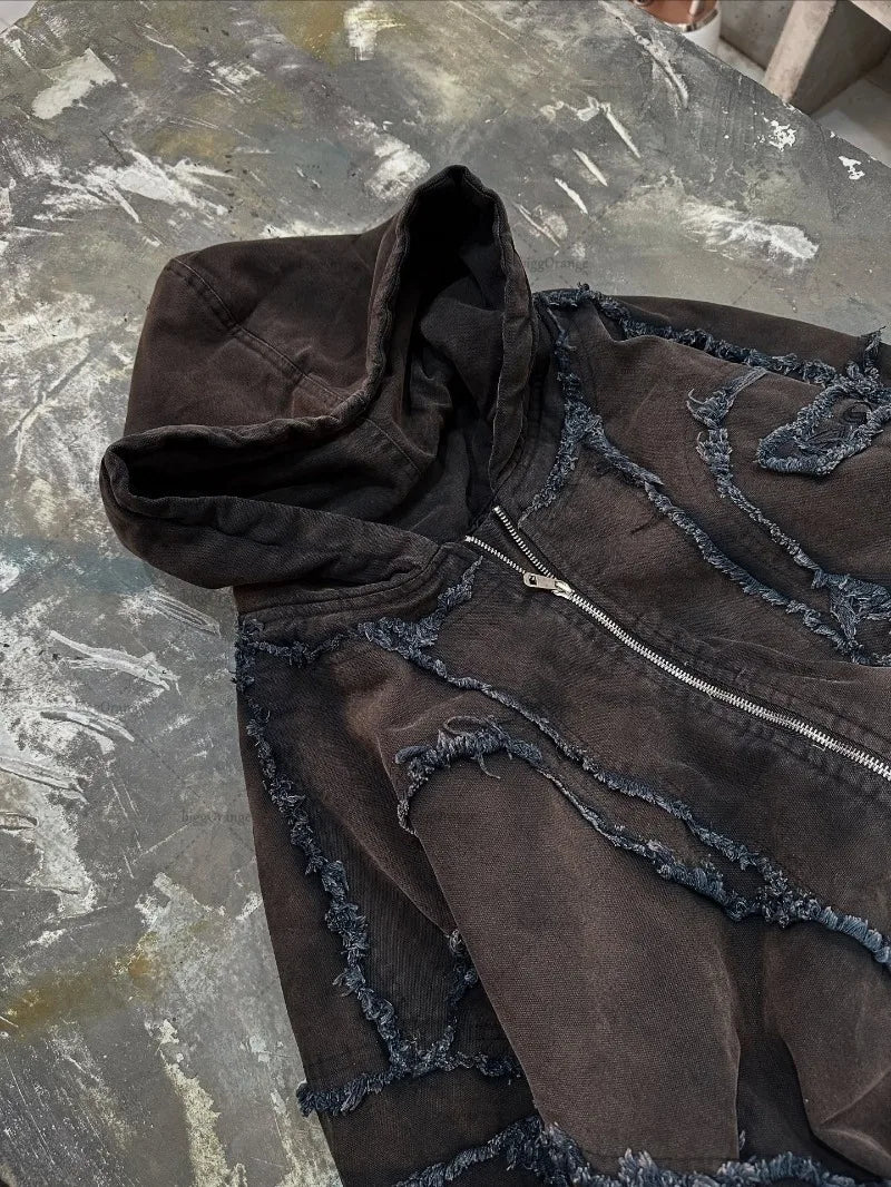 Punk High Street Clothing Destructive Style Sticker Zipper Sweatshirt Women Trendy Embroidered Whiskers Multi-pocket Hoodie Men