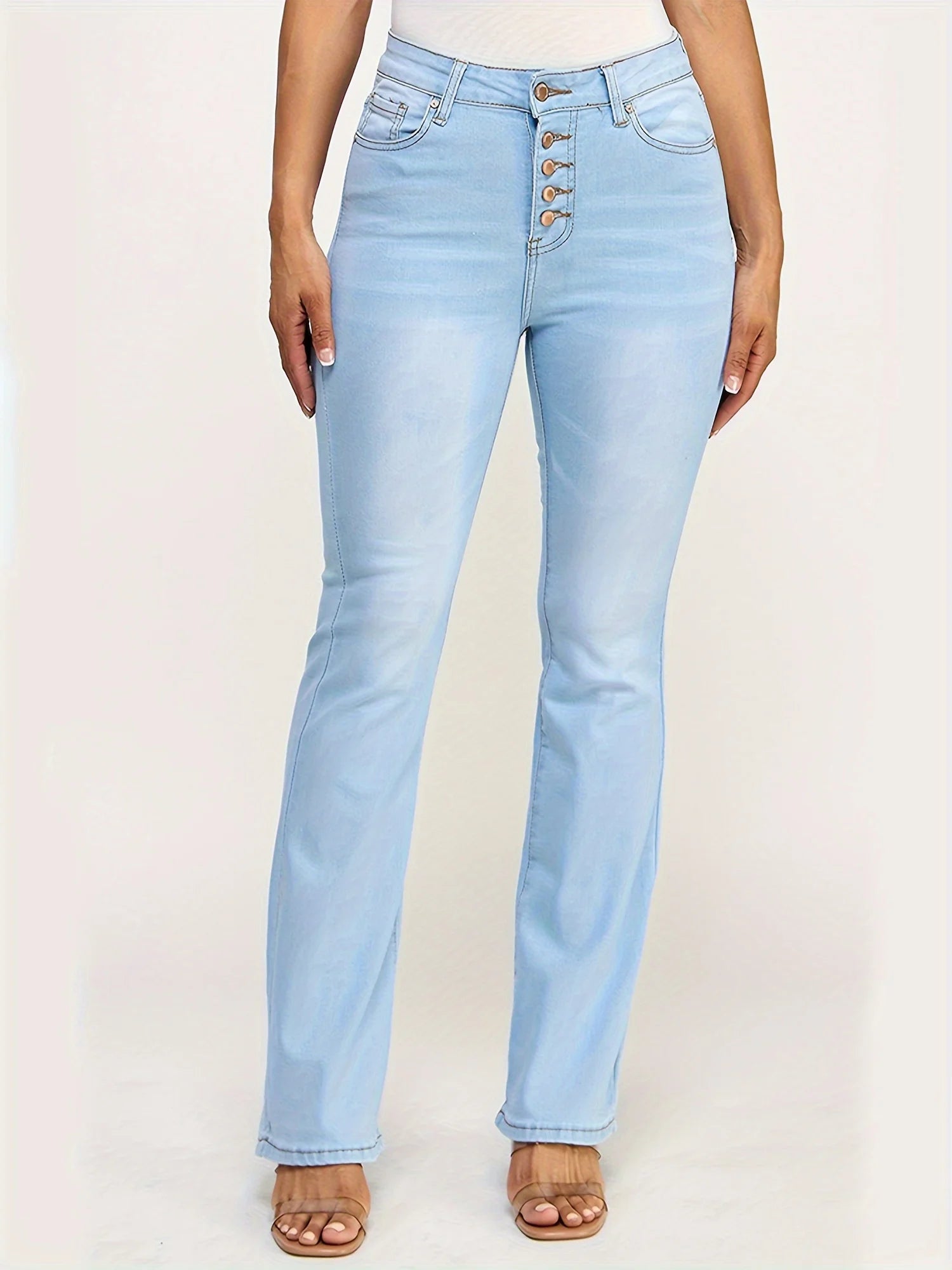 Solid color stretch women's jeans, slimming and hip lifting, light blue casual wash denim, five buttons, slash pockets