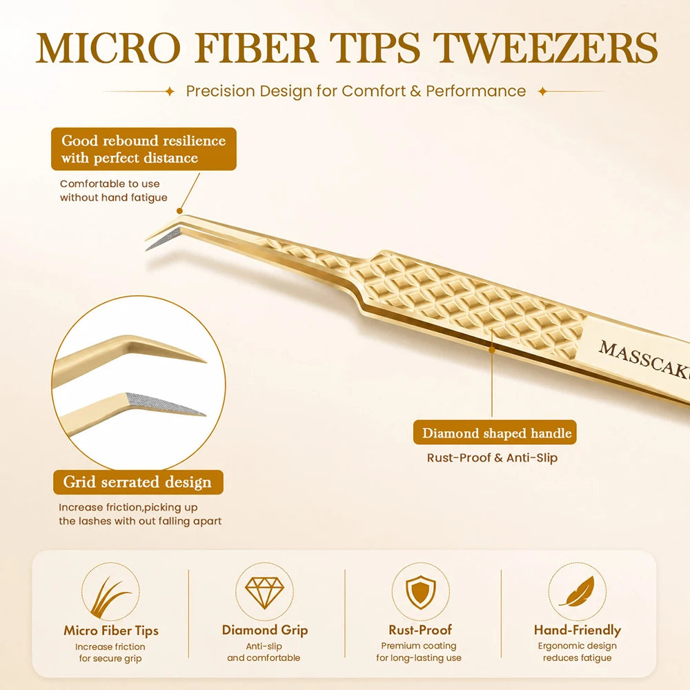 MASSCAKU Eyelash Extension Tweezers Fiber Tip Gold Stainless Steel Lash Pickup Tool for Volume Fans Classic Lash Isolation