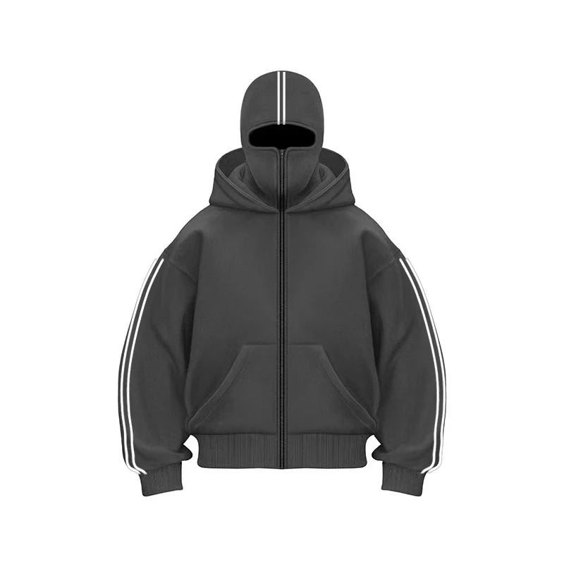 color blocking Hooded Sweatshirt Autumn Winter Long Sleeved Zipper Cardigan Double Headed Hat Mask Functional Casual Streetwear